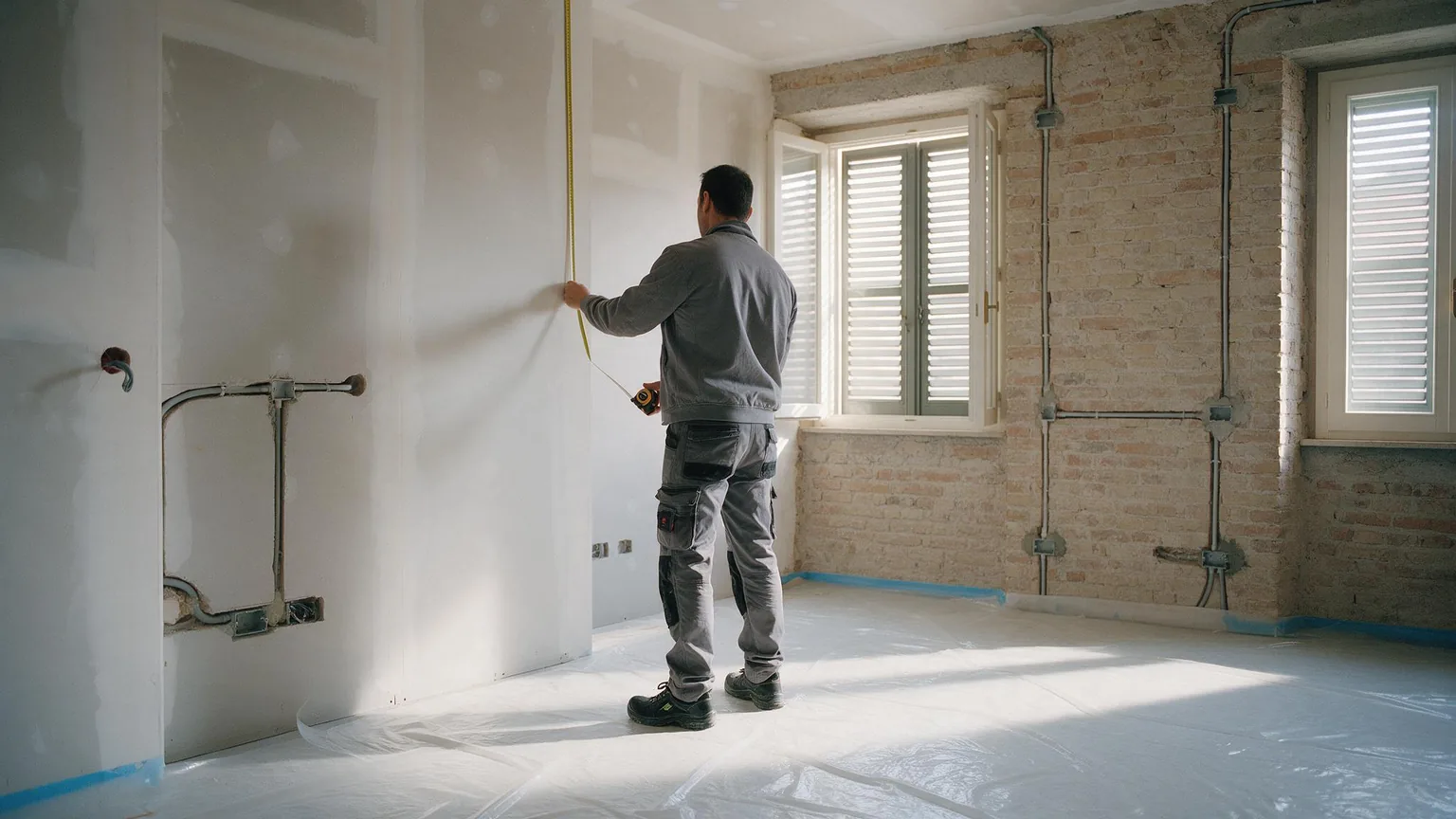 Operaio di spalle in una stanza in ristrutturazione misura una parete in cartongesso, con i tubi degli impianti nel muro di mattoni accanto alla finestra