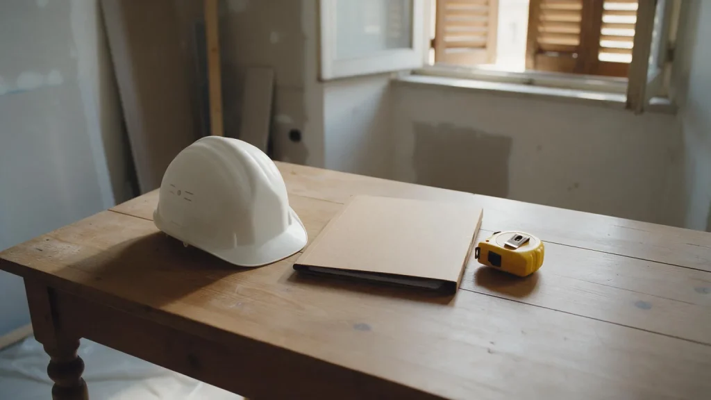 Casco bianco, cartellina chiusa e metro giallo su un tavolo di legno in un appartamento in ristrutturazione