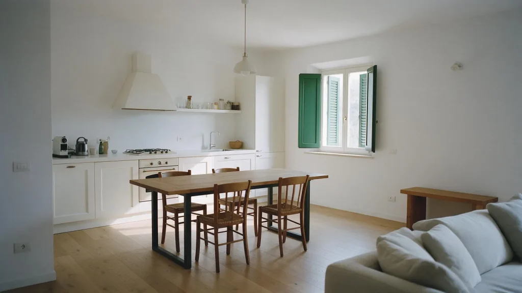 Cucina e soggiorno finiti con tavolo di legno e sedie, pavimento in rovere chiaro e finestra con persiane verdi