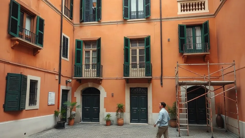 Cortile di un palazzo con la facciata arancione appena ridipinta e un ponteggio montato a un angolo