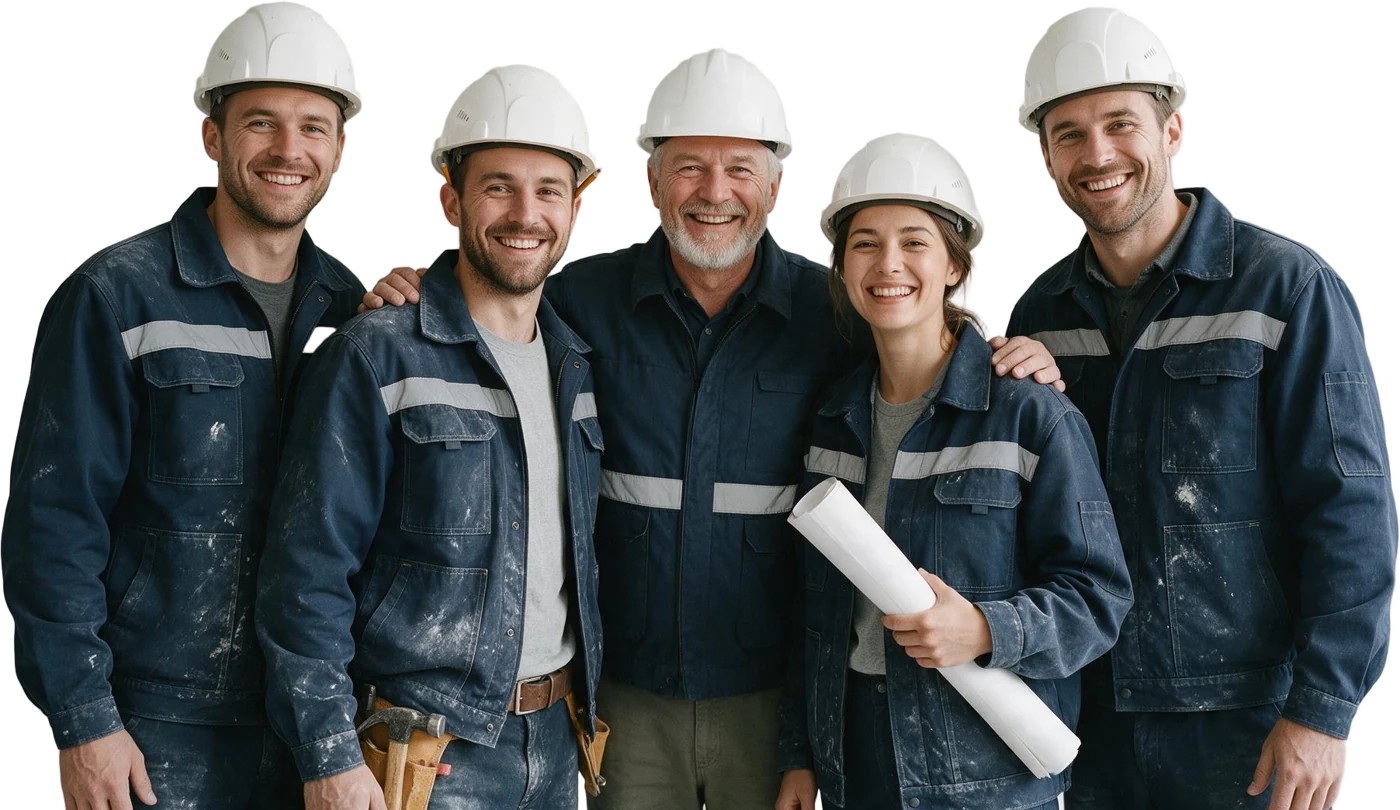 Quattro persone di un'impresa edile in giacca grigia e polo blu, due uomini e due donne, sorridono in posa a mezzo busto